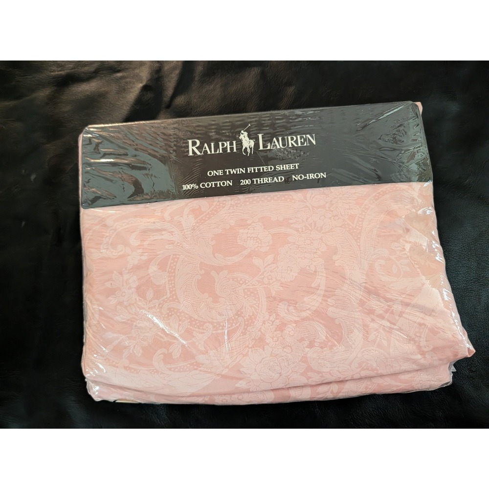Ralph Lauren Twin Fitted Sheet Pink Damask Paisley 100% Cotton 200 TC Vintage